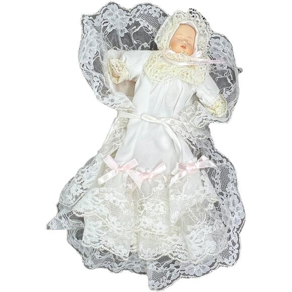 Miniature Porcelain Baby Doll in White Lace Bonnet Collectible Decor - Picture 1 of 9